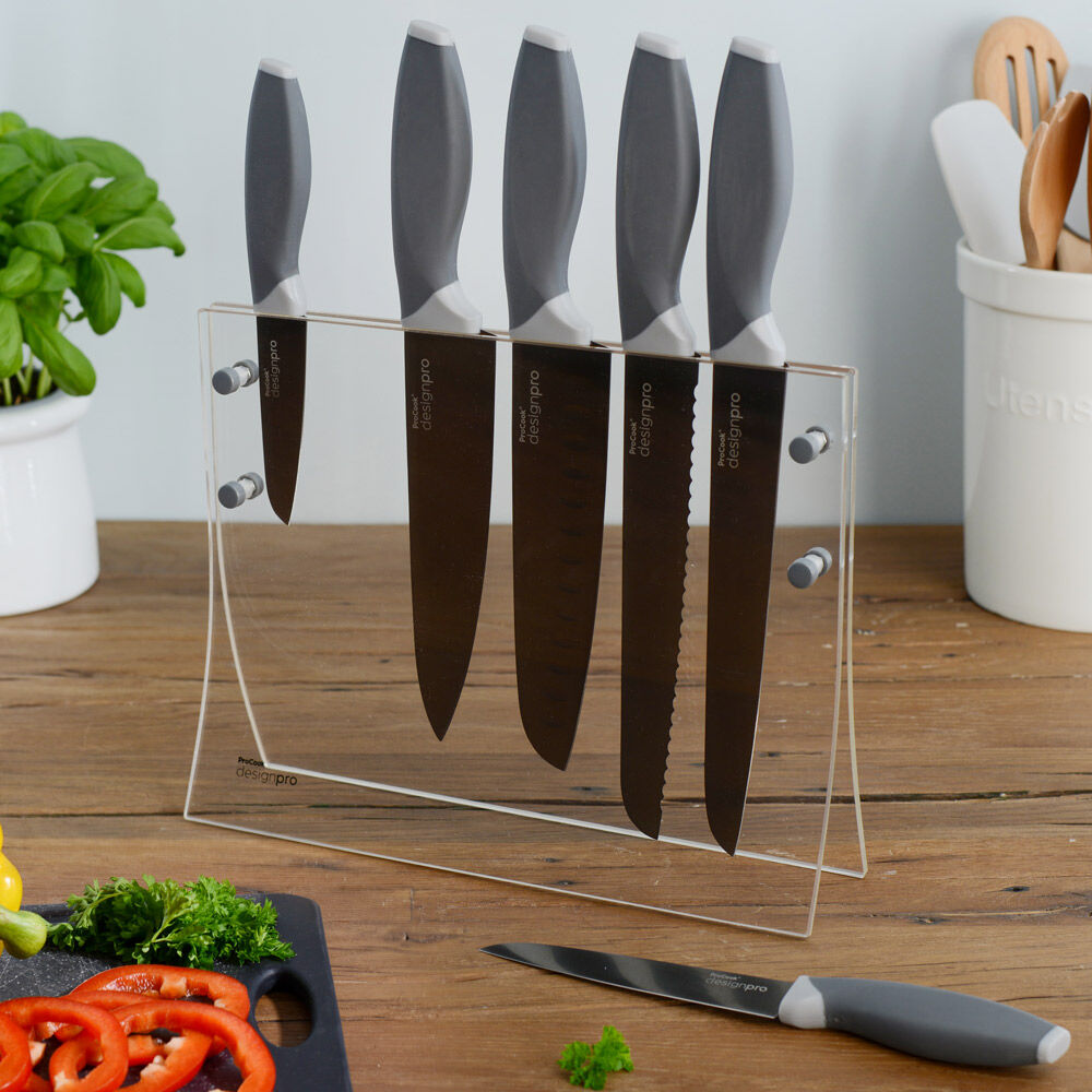 Designpro Titanium Knife Set with Clear Flared Acrylic Block 6 Piece ...