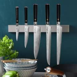 Secondary image for image of Damascus 67 Knife Set 5 Piece and Magnetic Stainless Steel Knife Rack