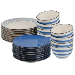 Coastal Blue Stoneware Dinner Set with Cereal Bowls - Two x 12 Piece - 8 Settings
