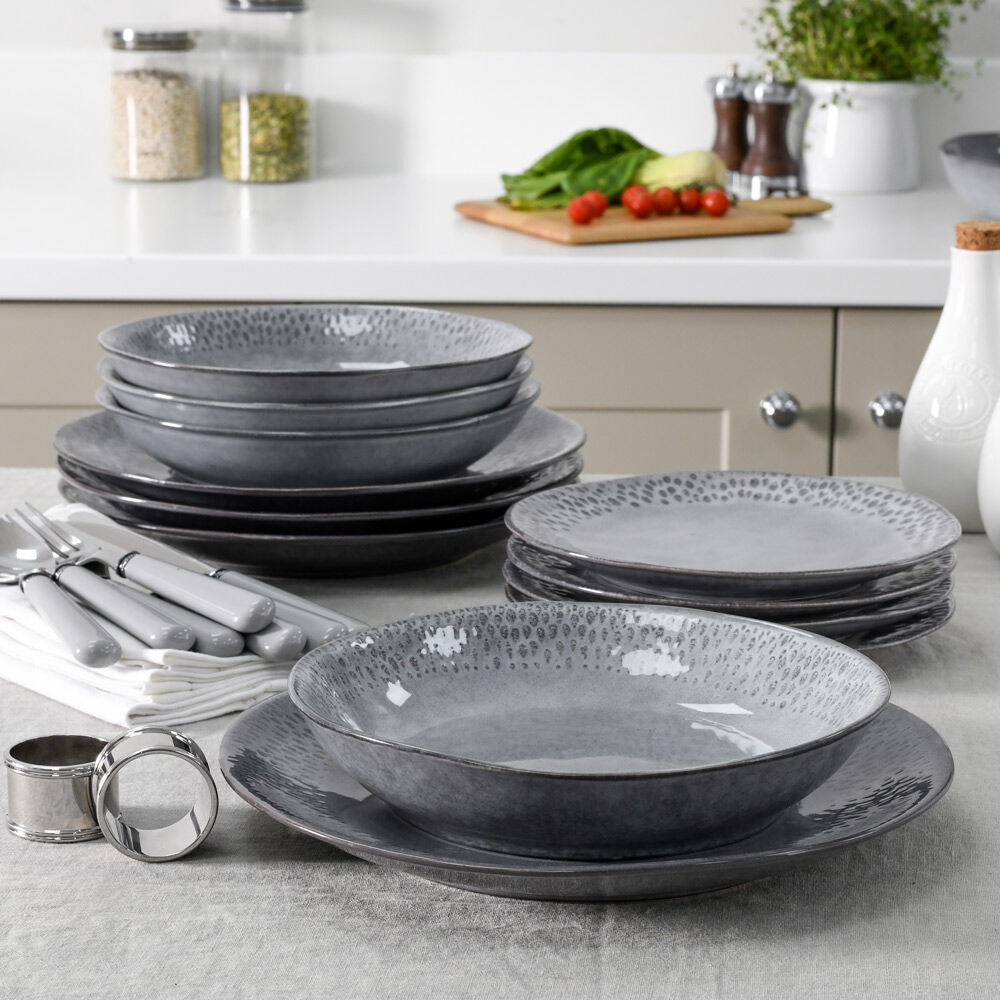 Malmo Charcoal Teardrop Dinner Set with Pasta Bowls 12 Piece - 4 Settings