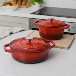 Secondary image for image of Cast Iron Casserole Dish Set 20cm and 24cm Graduated Red