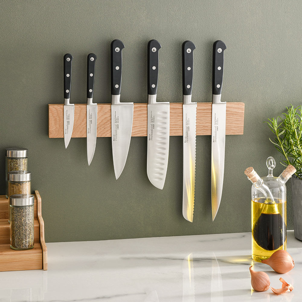 Professional X50 Chef Knife Set 6 Piece and Magnetic Oak Knife Rack