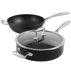 ProCook Gourmet Non-Stick Wok and Saute Pan Set 28cm Induction Pans for Stir-Frying and Sauteing Meat or Vegetables Cooking Pancakes and More with Toughened Glass Lid and Heat-Resistant Handles 