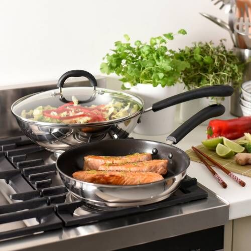 Gourmet Stainless Steel Wok and Frying Pan Set - 2 Piece - S843