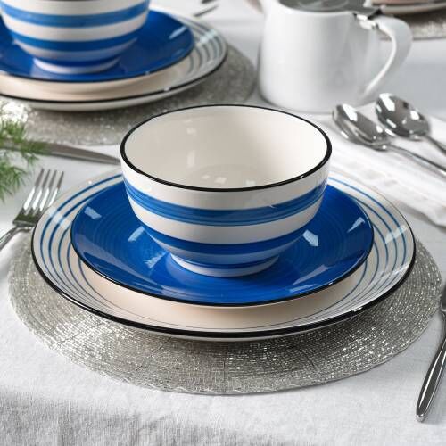 Coastal Blue Stoneware Dinner Set with Cereal Bowls