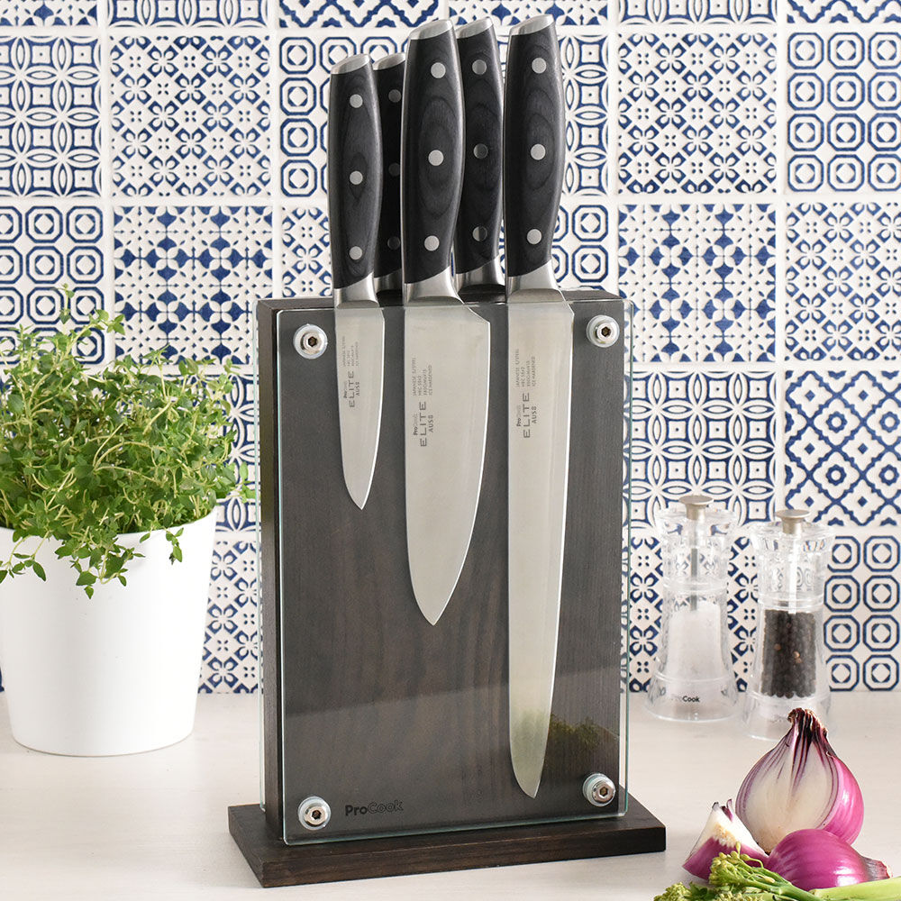 Elite AUS8 Knife Set 5 Piece and Magnetic Glass Block