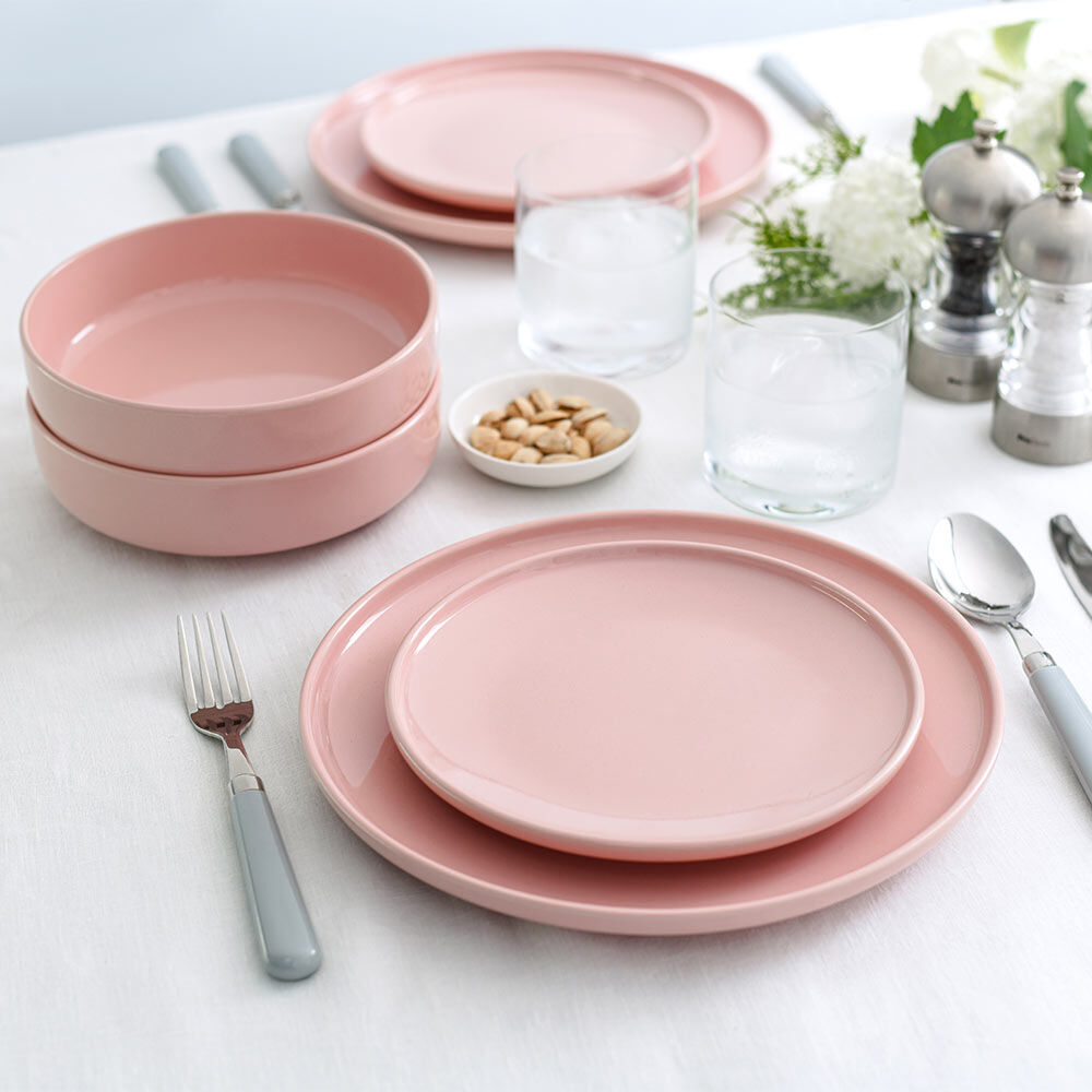 Stockholm Pink Stoneware Dinner Set With Pasta Bowls 12 Piece - 4 Settings