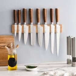 Secondary image for image of Nihon X50 Knife Set 8 Piece and Magnetic Oak Knife Rack