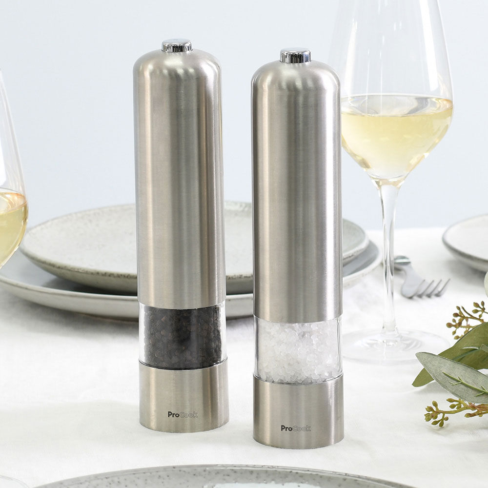 ProCook Electric Stainless Steel Salt & Pepper Mill Set Curved 22cm