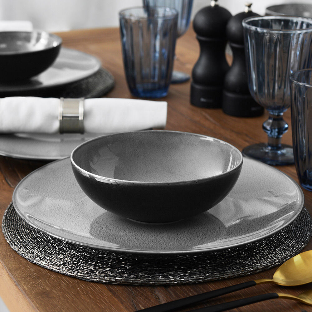 Del Mar Grey Porcelain Dinner Set with Cereal Bowls 12 Piece - 4 Settings