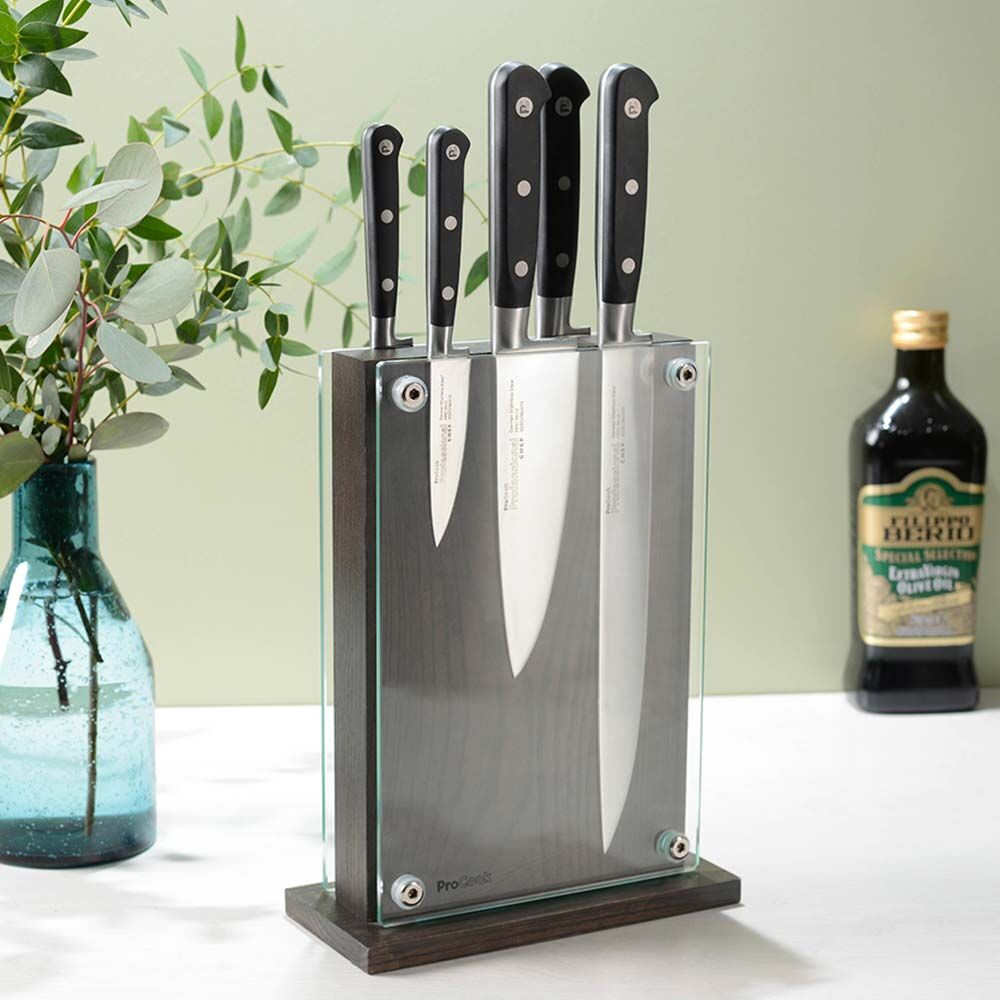 Professional X50 Chef Knife Set 5 Piece and Magnetic Glass Block