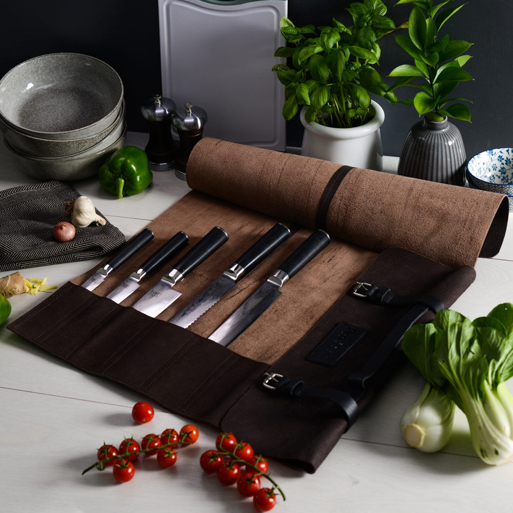 Damascus X100 Knife Set 5 Piece and Leather Knife Case