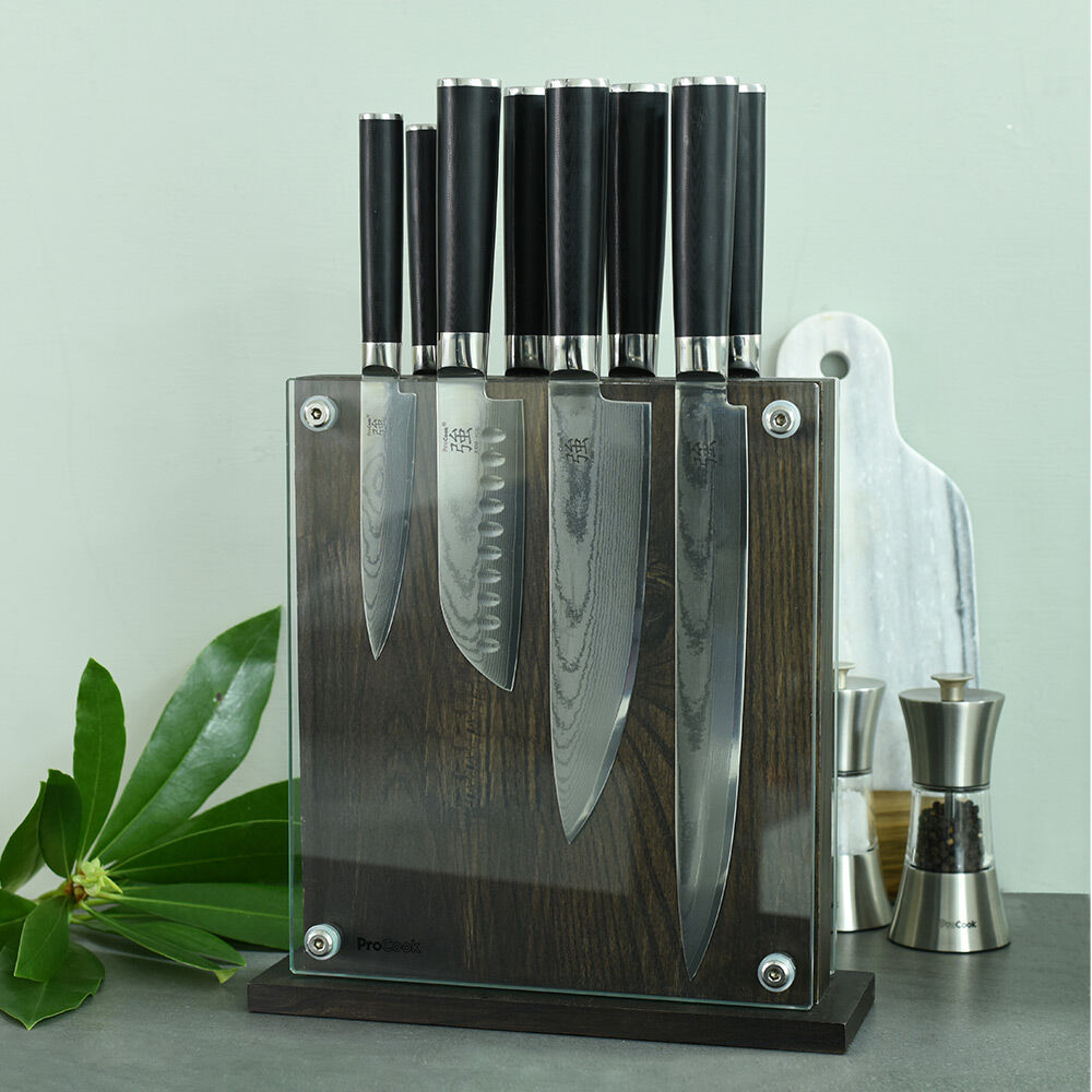 Damascus X100 Knife Set 8 Piece and Magnetic Glass Block