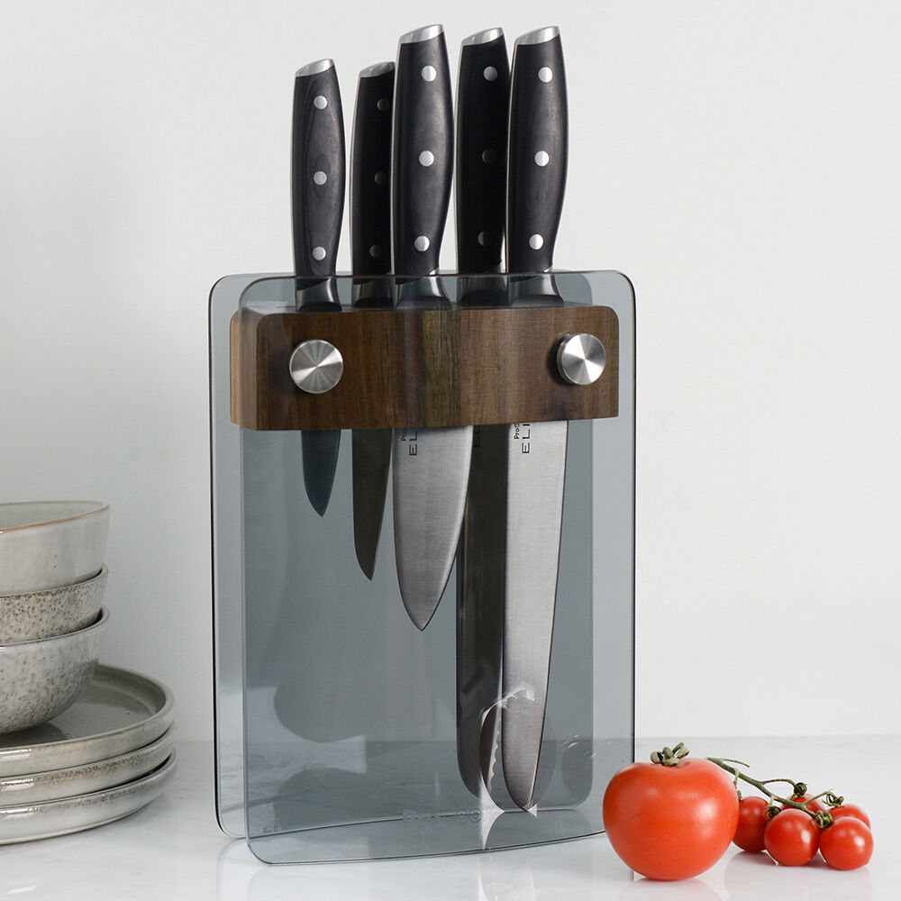 Elite AUS8 Knife Set 5 Piece and Glass Block