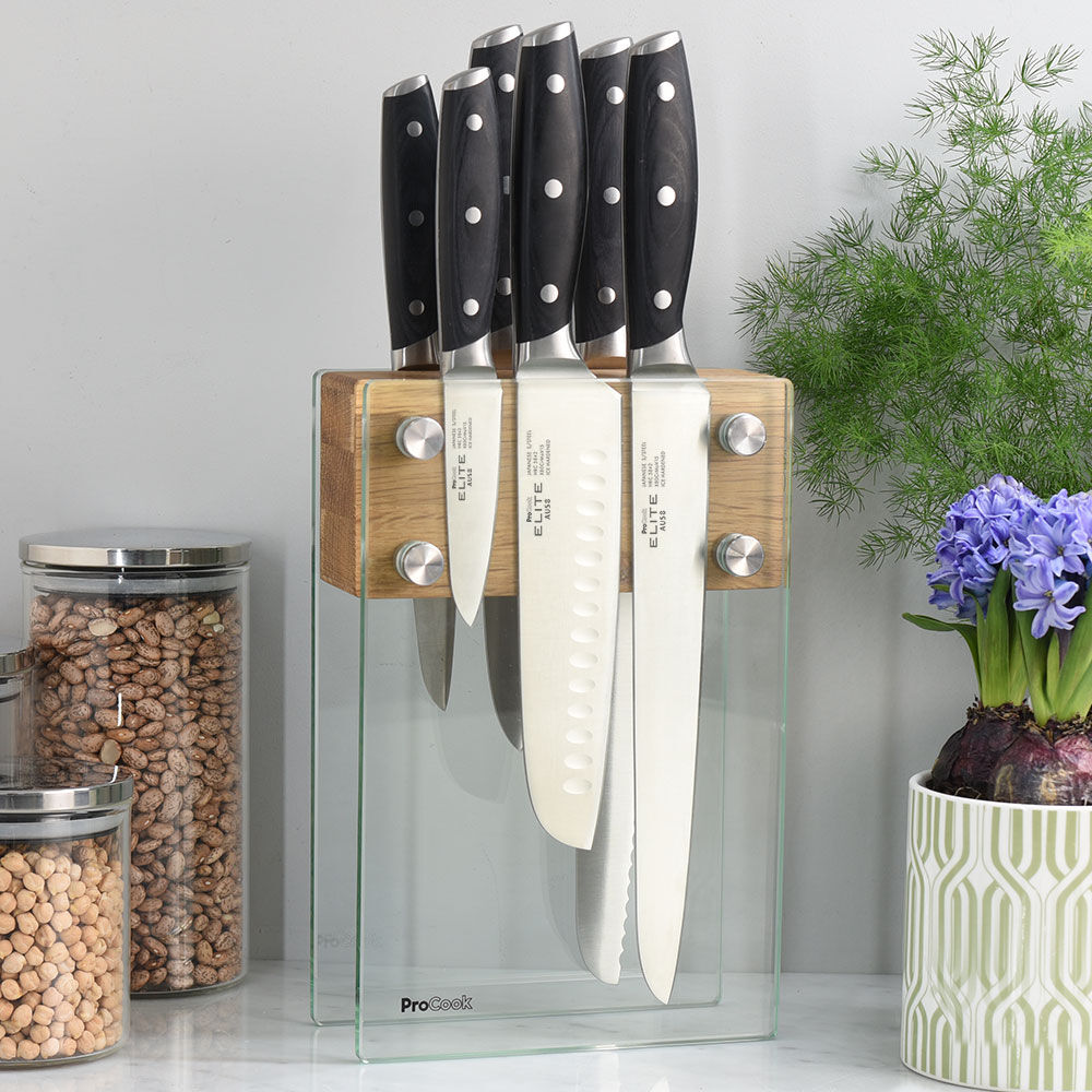 Elite AUS8 Knife Set 6 Piece and Magnetic Glass Block