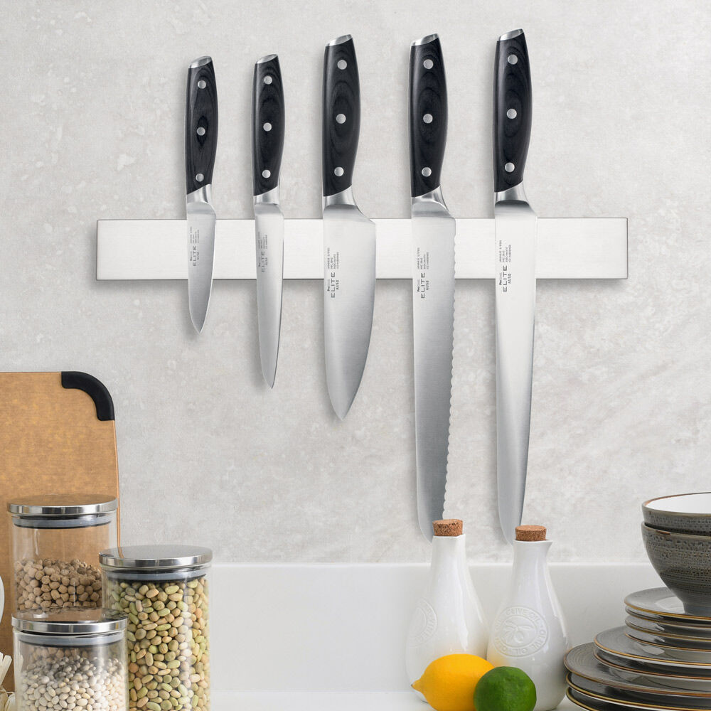 Elite AUS8 Knife Set 5 Piece and Magnetic Stainless Steel Knife Rack