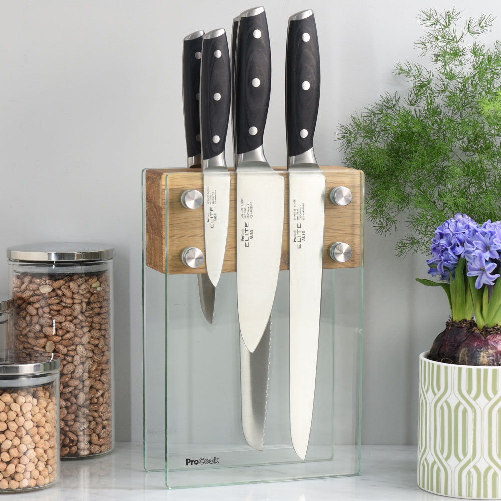 Elite AUS8 Knife Set 5 Piece and Magnetic Glass Block