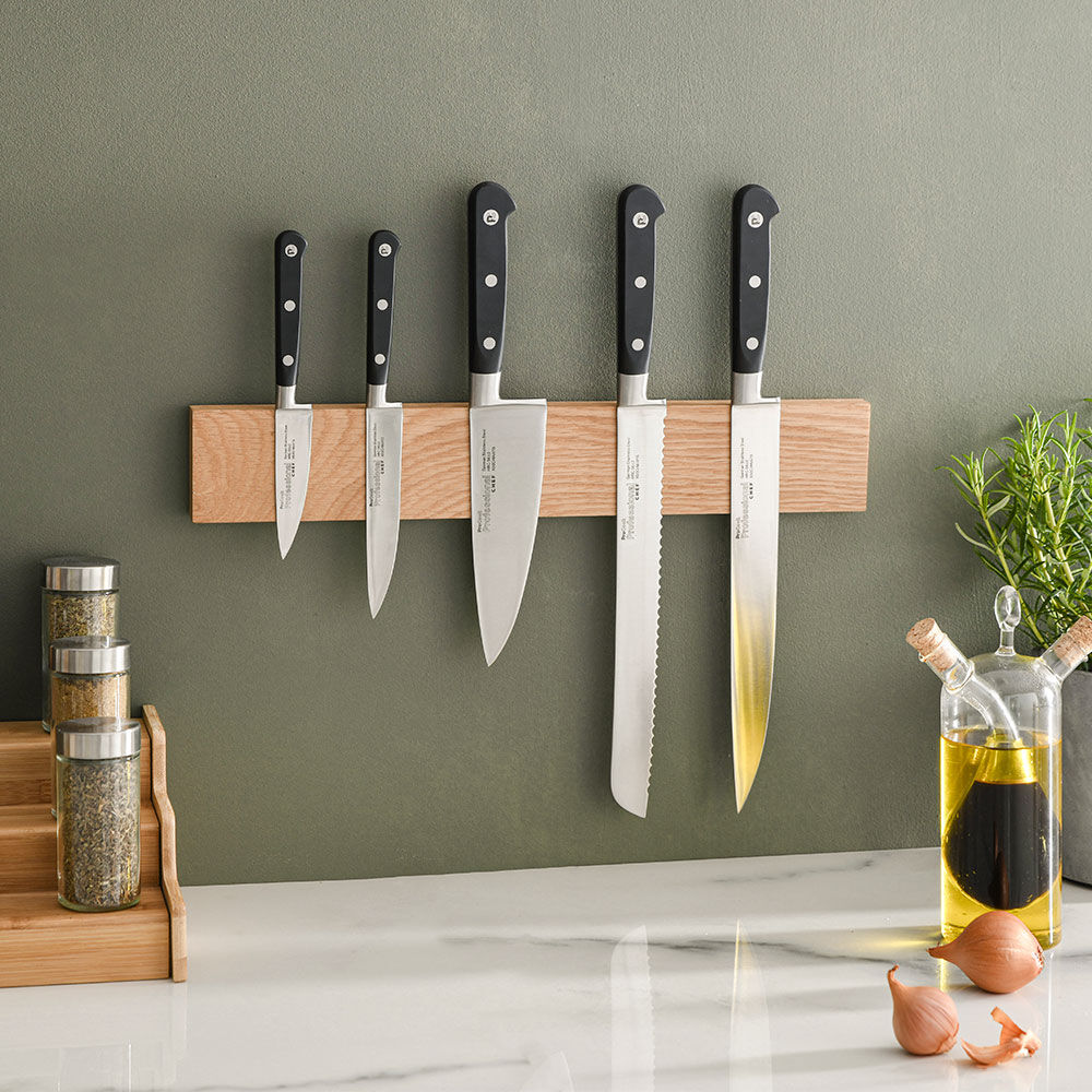 Professional X50 Chef Knife Set 5 Piece and Magnetic Oak Knife Rack