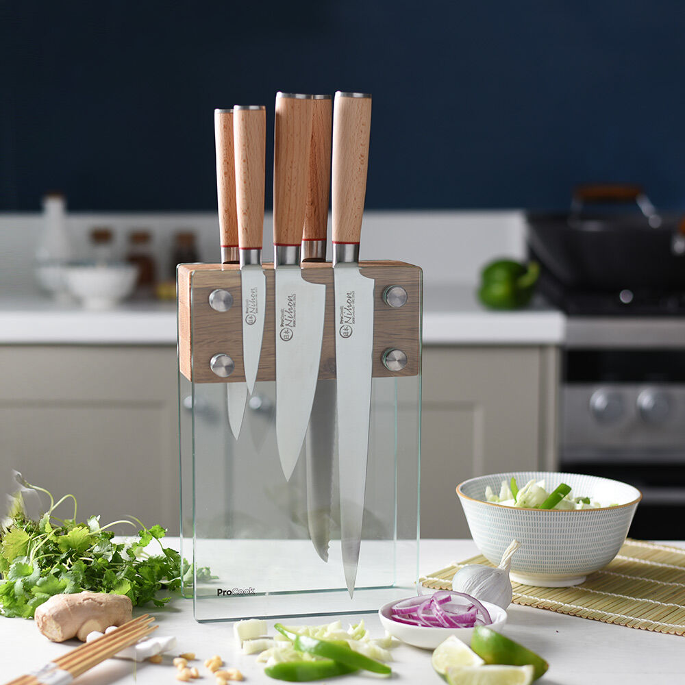 Nihon X50 Knife Set 5 Piece and Magnetic Glass Block
