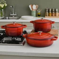 Secondary image for image of Cast Iron Casserole Dish Set 20cm, 24cm and 28cm Graduated Red