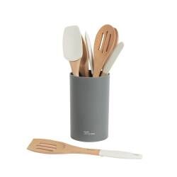 Designpro Silicone Utensil Set with Charcoal Holder - 7 Piece Ivory