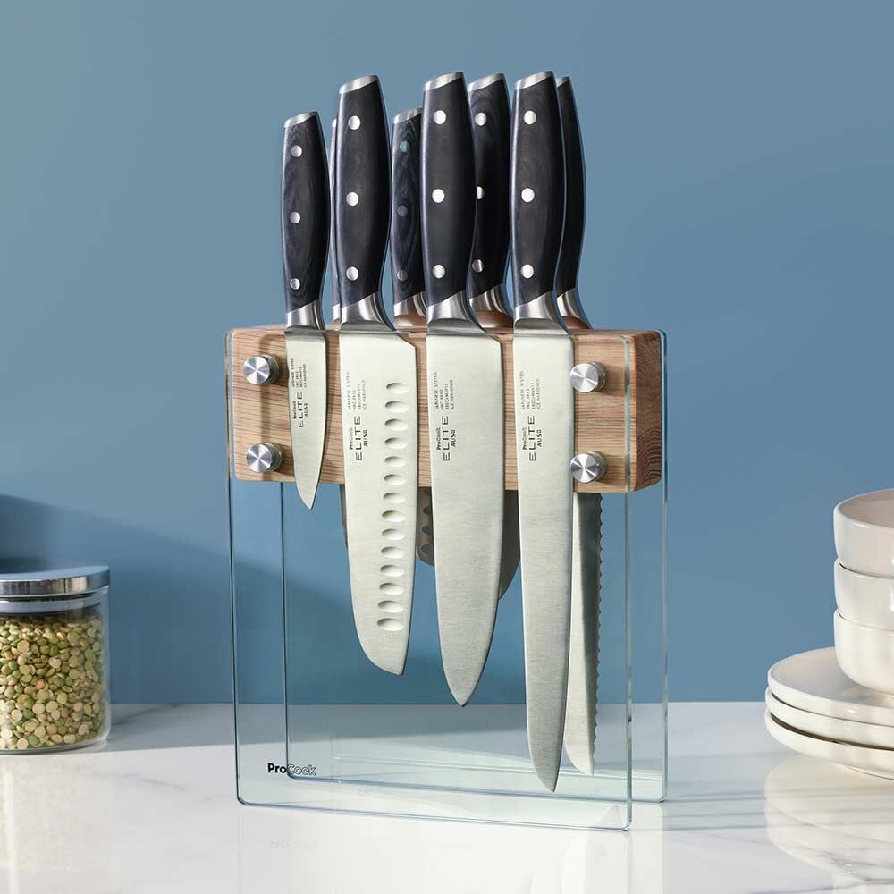 Elite AUS8 Knife Set 8 Piece and Magnetic Glass Block
