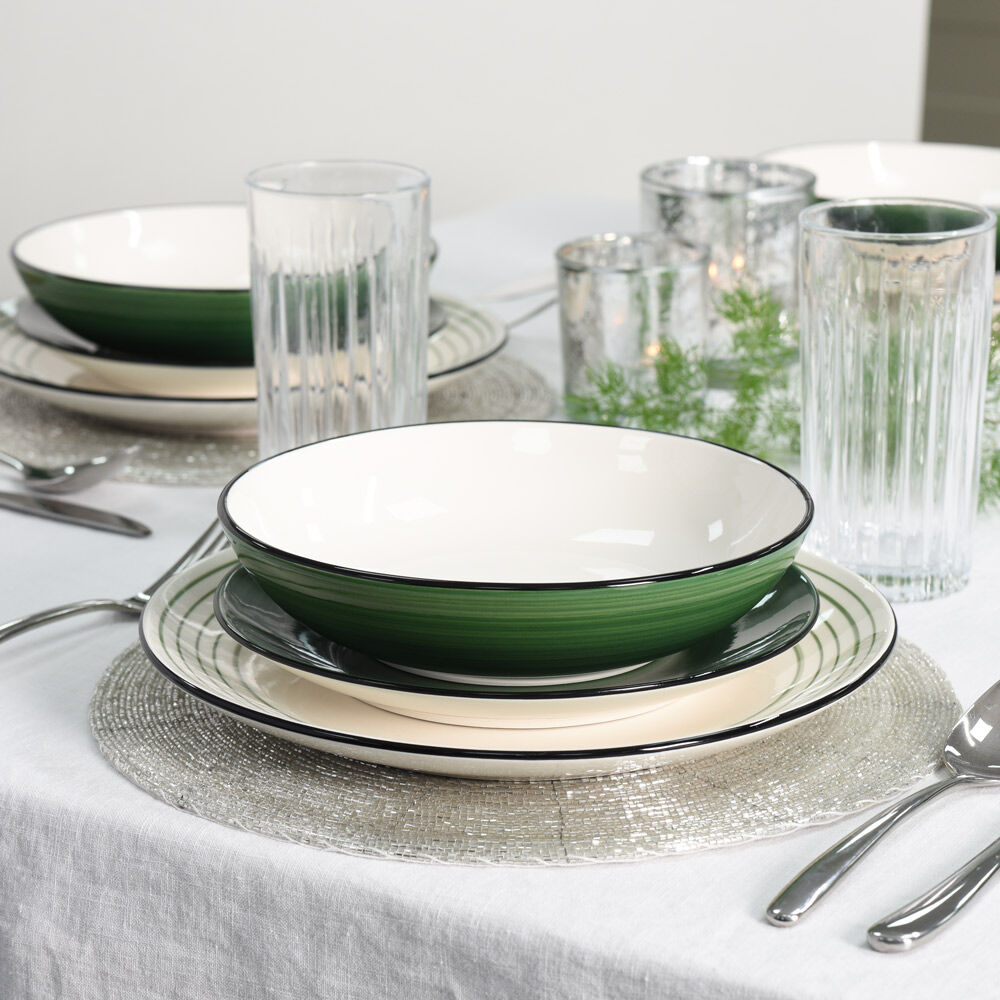 Coastal Green Stoneware Dinner Set with Pasta Bowls Two x 12 Piece - 8 Settings