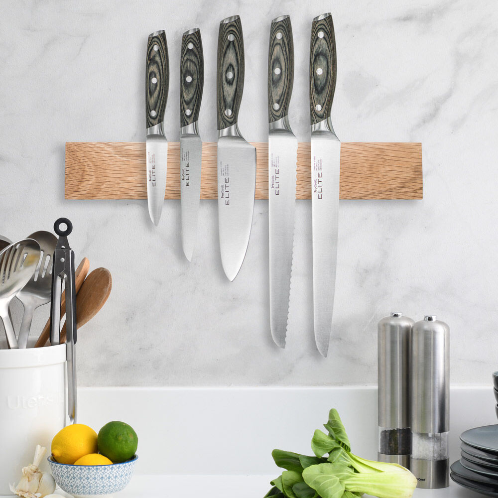 Elite Ice X50 Knife Set 5 Piece and Magnetic Oak Knife Rack
