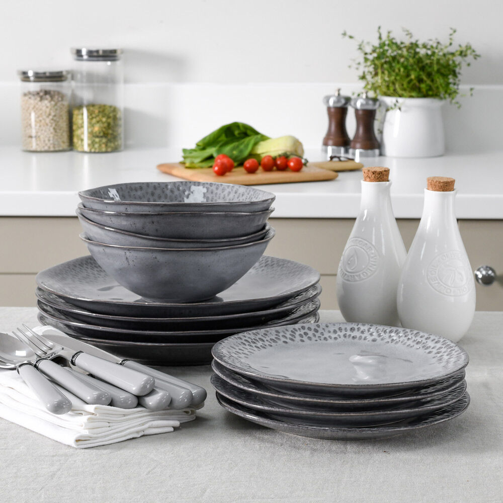 Malmo Charcoal Teardrop Dinner Set with Cereal Bowls 12 Piece - 4 Settings