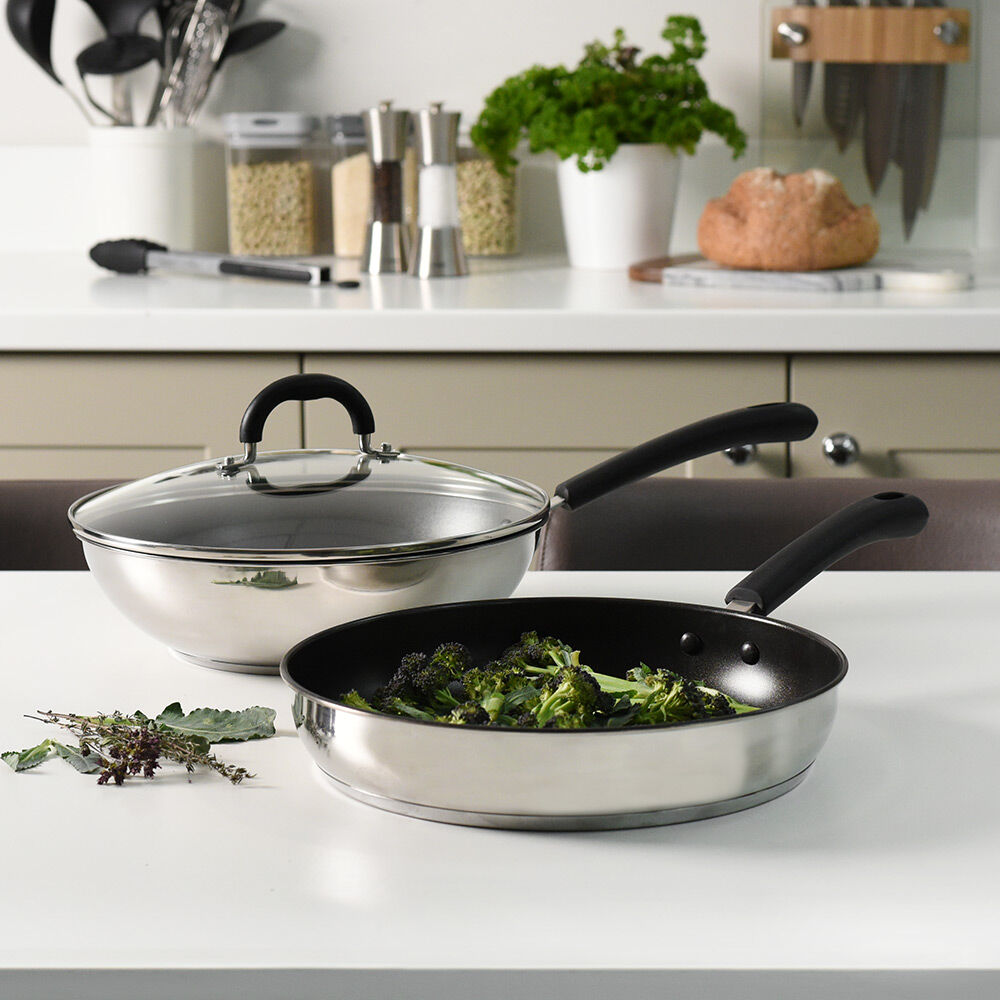 Gourmet Stainless Steel Wok and Frying Pan Set 2 Piece