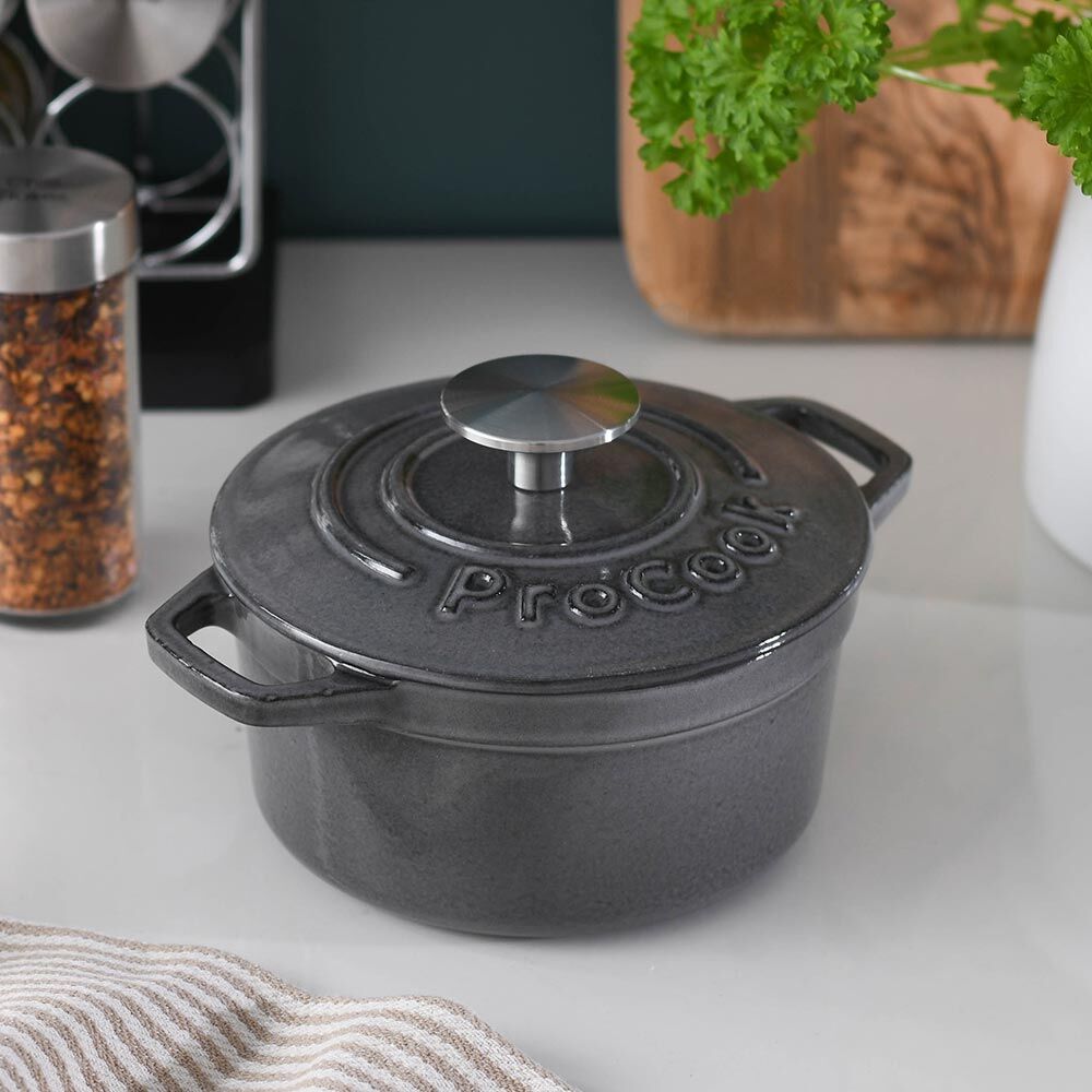ProCook Cast Iron Casserole 12cm / 0.6L Round Reactive Charcoal