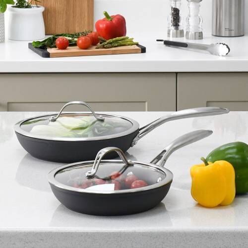 Professional Anodised Frying Pan with Lid Set - 24cm and 28cm - S2867