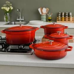 Secondary image for image of Cast Iron Casserole Dish Set 4 Piece Graduated Red