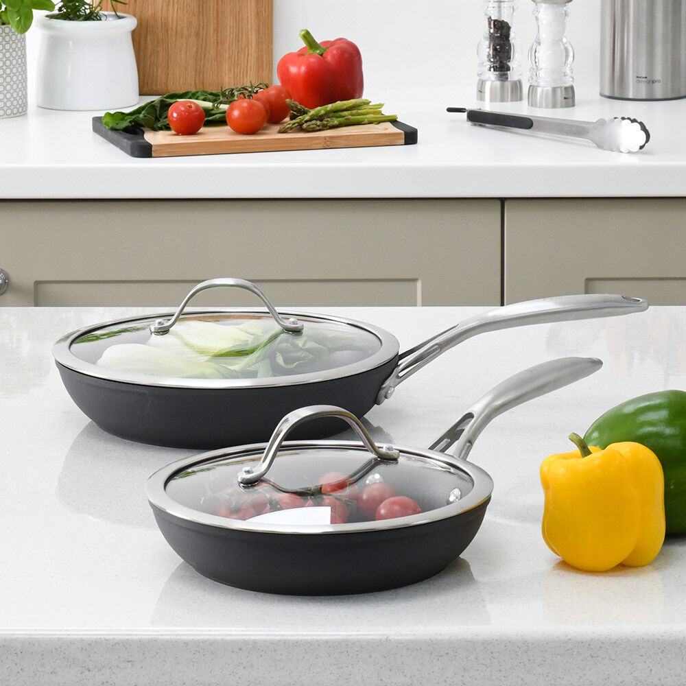 Professional Anodised Frying Pan with Lid Set 20cm and 24cm