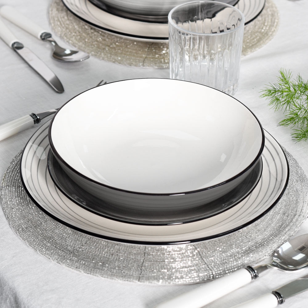 Coastal Grey Stoneware Dinner Set with Pasta Bowls Two x 12 Piece - 8 Settings