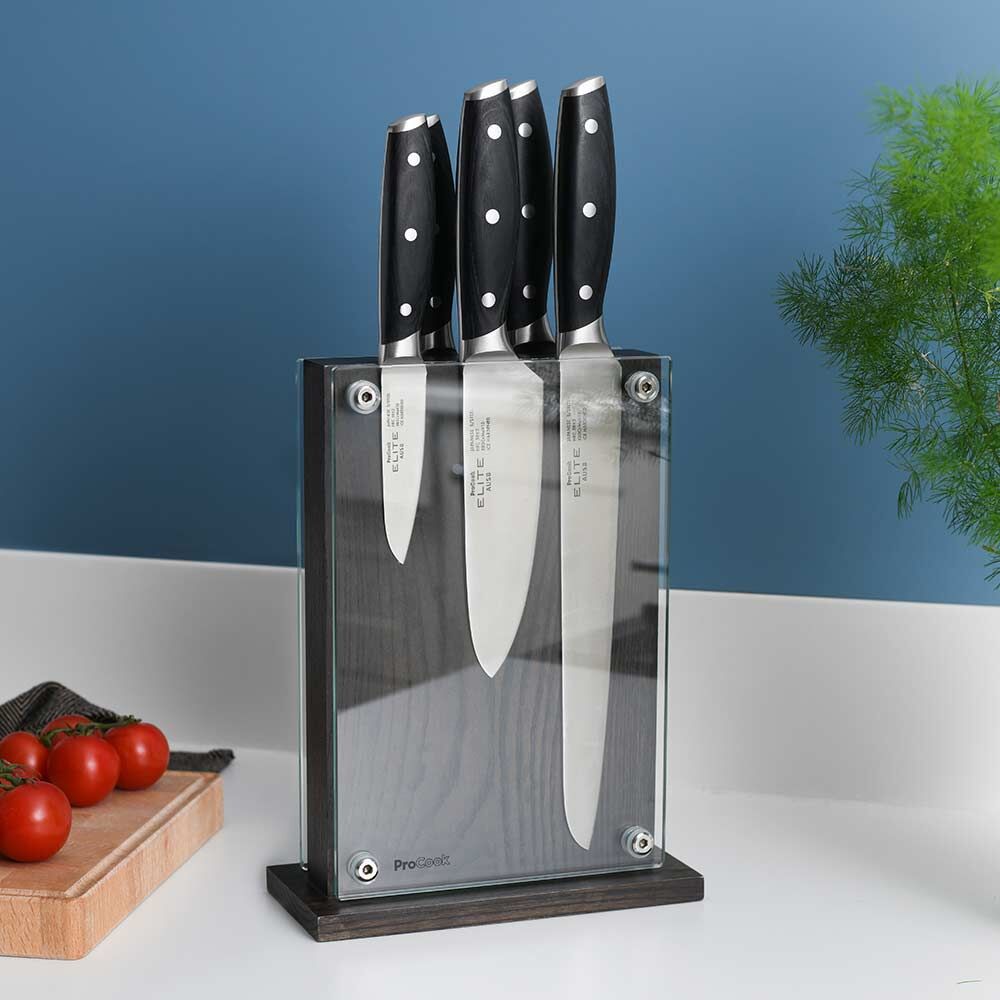 Elite AUS8 Knife Set 5 Piece and Magnetic Glass Block