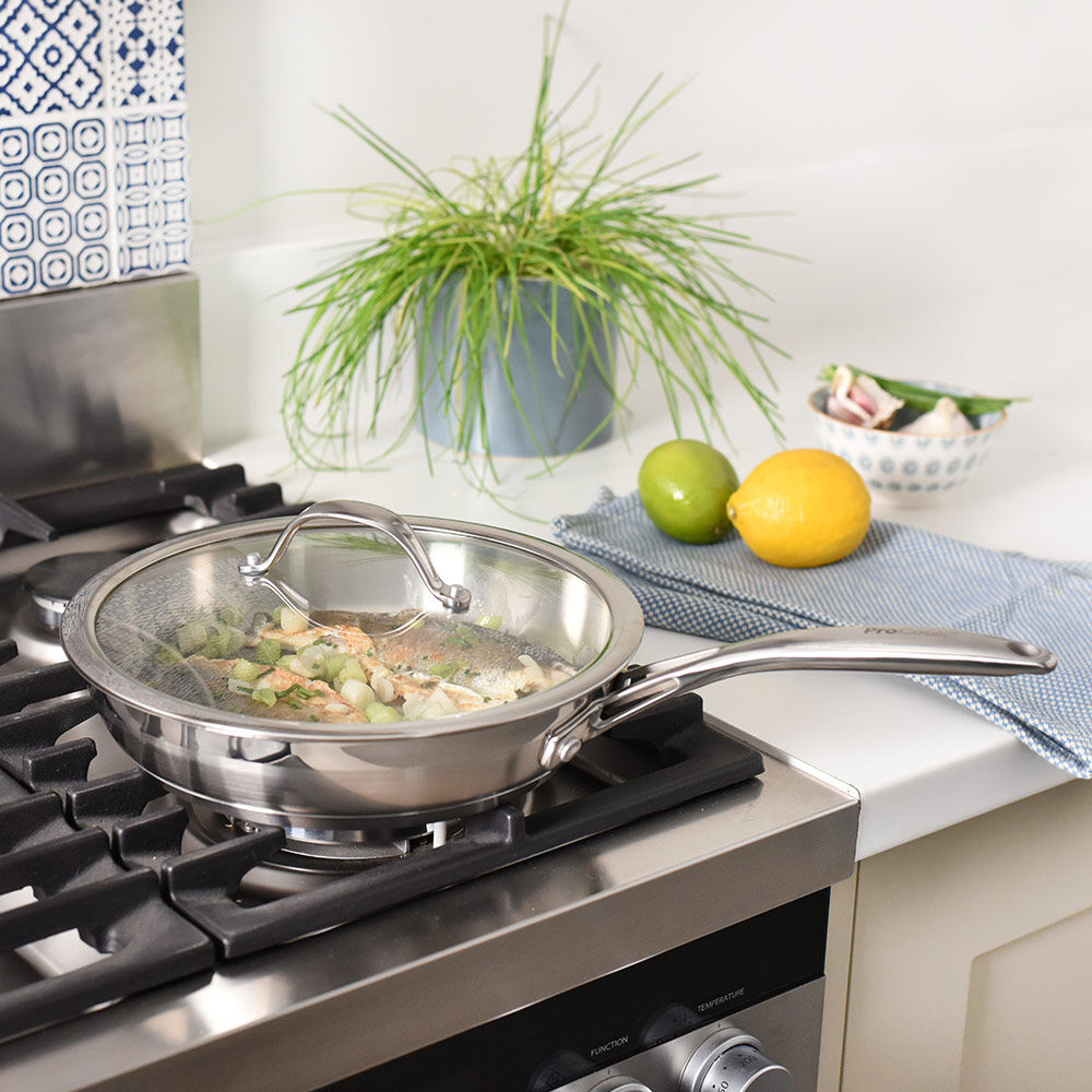 Professional Stainless Steel Frying Pan with Lid Uncoated 24cm