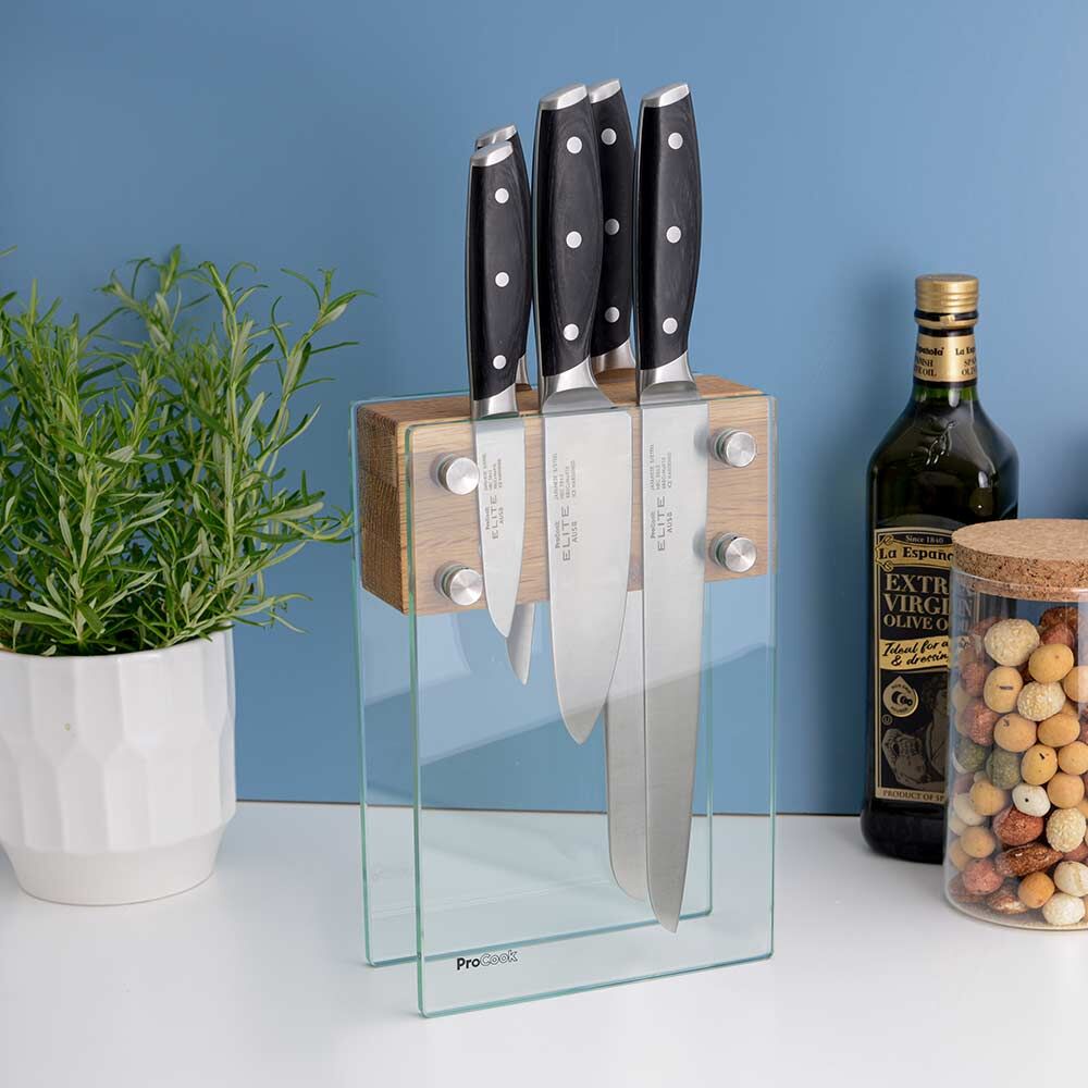 Elite AUS8 Knife Set 5 Piece and Magnetic Glass Block