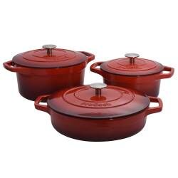 Main image for image of Cast Iron Casserole Dish Set 20cm, 24cm and 28cm Graduated Red