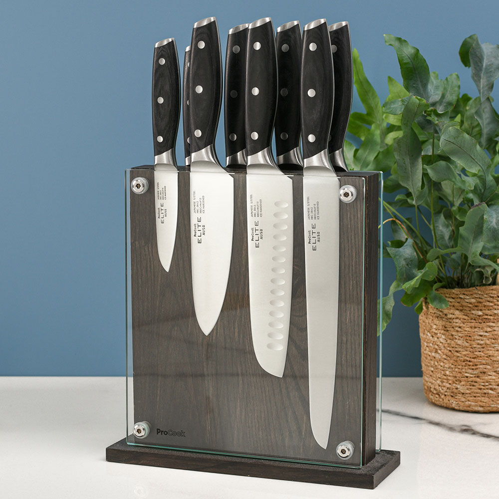 Elite AUS8 Knife Set 8 Piece and Magnetic Glass Block