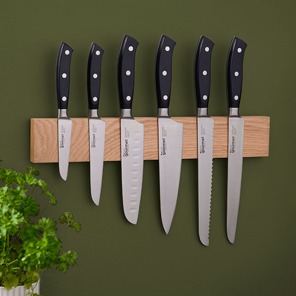 Gourmet Classic Knife Set 6 Piece and Magnetic Oak Knife Rack