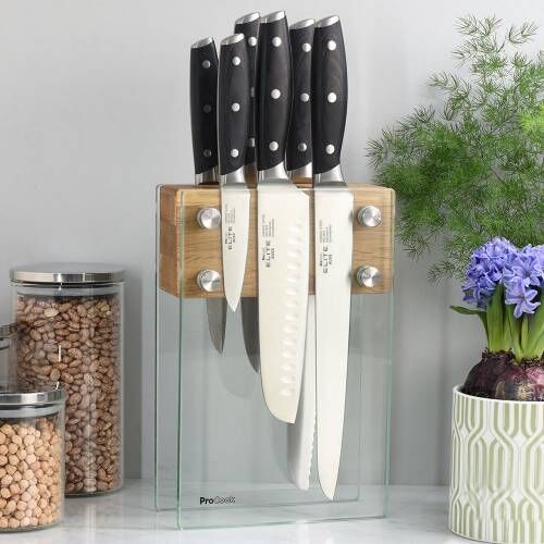 Elite AUS8 Knife Set 6 Piece and Magnetic Glass Block