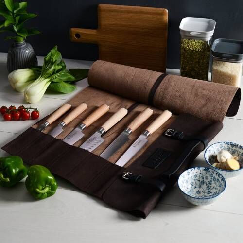 Image of Nihon X50 Knife Set stored in a leather knife case