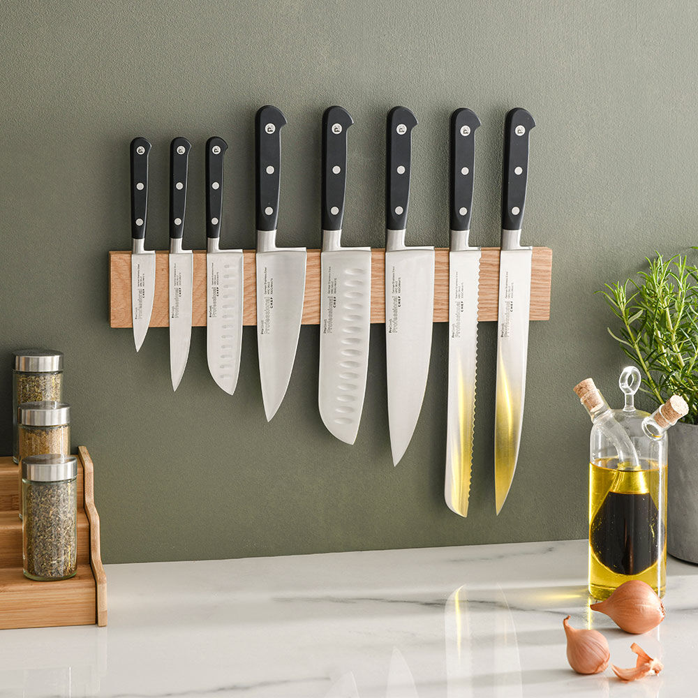 Professional X50 Chef Knife Set 8 Piece and Magnetic Oak Knife Rack