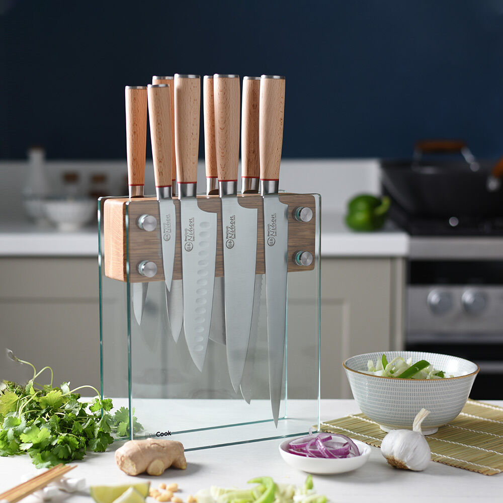 Nihon X50 Knife Set 8 Piece and Magnetic Glass Block