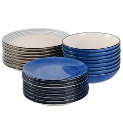 Coastal Blue Stoneware Dinner Set with Pasta Bowls - Two x 12 Piece - 8 Settings