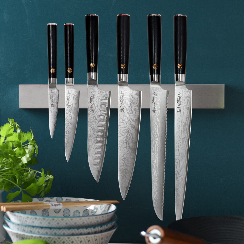 Damascus 67 Knife Set 6 Piece and Magnetic Stainless Steel Knife Rack