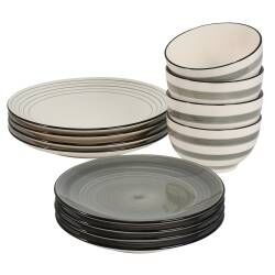 Coastal Stoneware Grey Dinner Set with Cereal Bowls - 12 Piece - 4 Settings