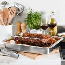 Secondary image for image of Stainless Steel Roasting Tin with Small V-Shape Rack 32cm x 43cm