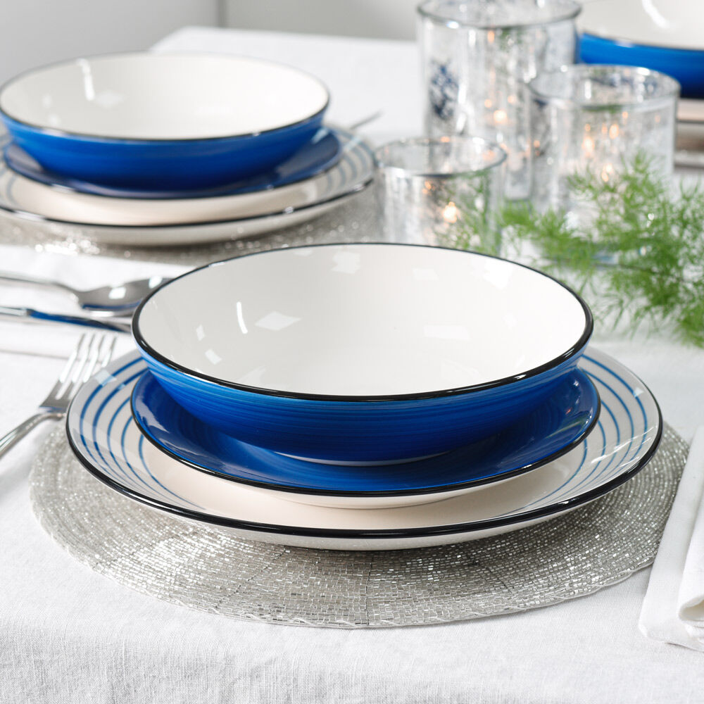 Coastal Stoneware Blue Dinner Set with Pasta Bowls 12 Piece - 4 Settings